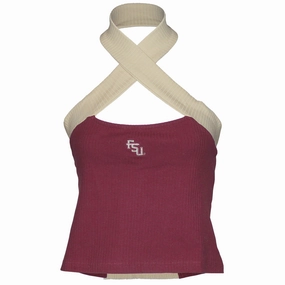 Emerson Street Women's Stacked FSU Halter Wrapped Ribbed Top - Garnet/Gold Reinforced Shoulder Wide Neck Opening