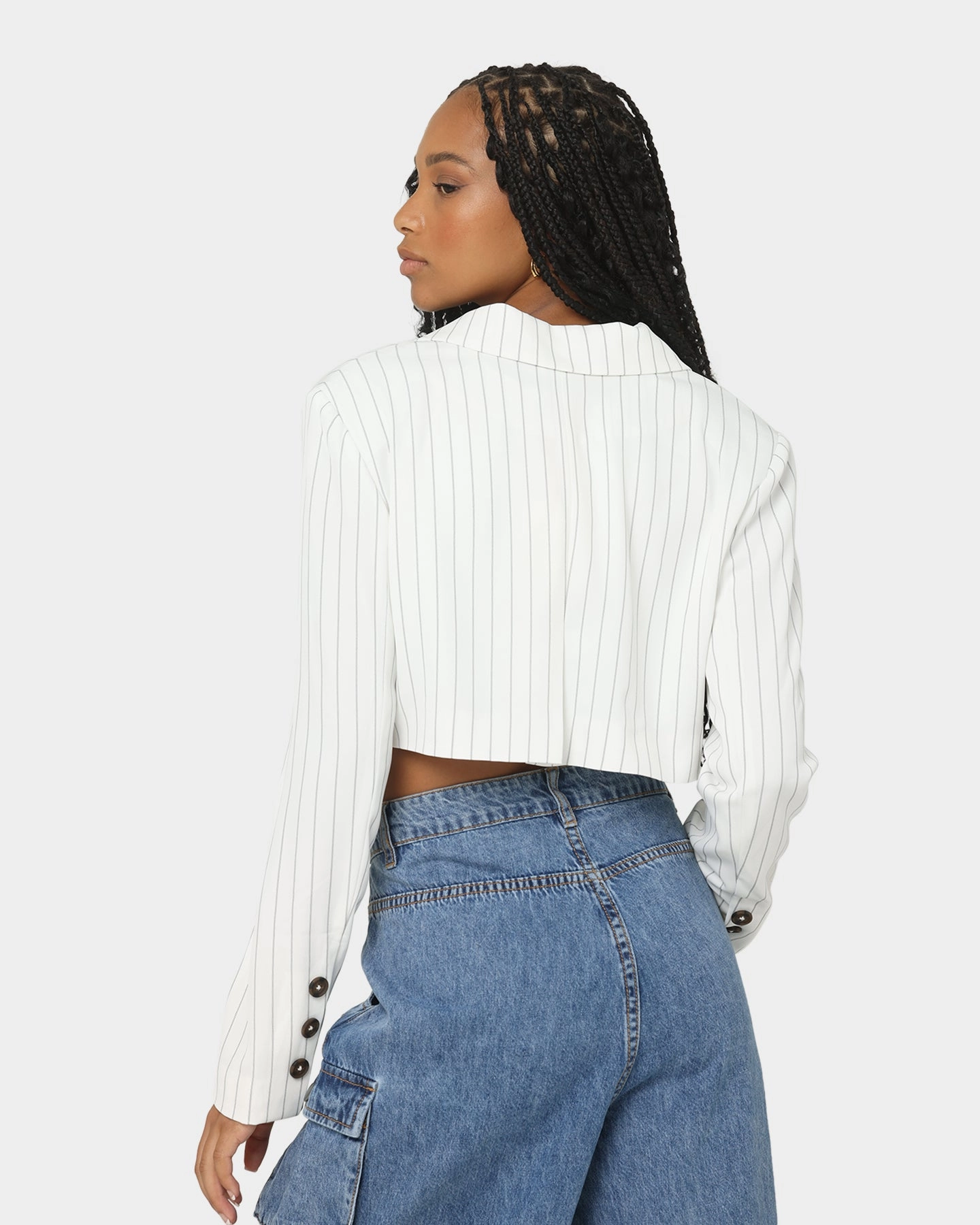 MultiPocket Design bike tour EN ES Women's Luna Cropped Blazer Pin Stripe White