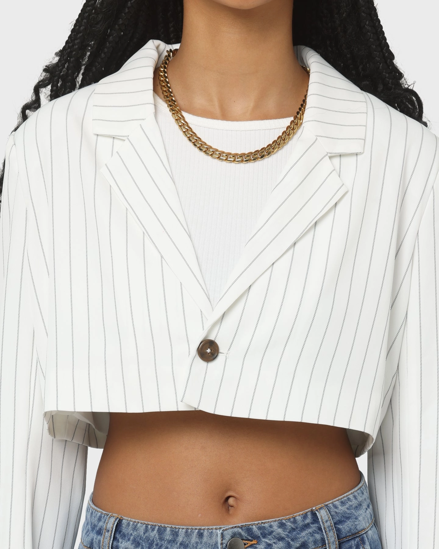 EN ES Women's Luna Cropped Blazer Pin Stripe White afternoon