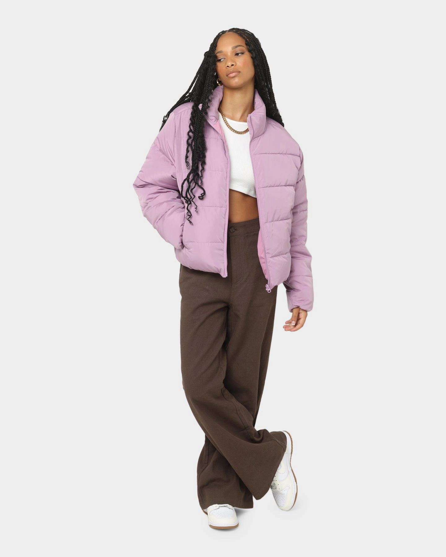 EN ES Women's Shake Up Puffa Jacket Lilac Multi Pocket Design police officers