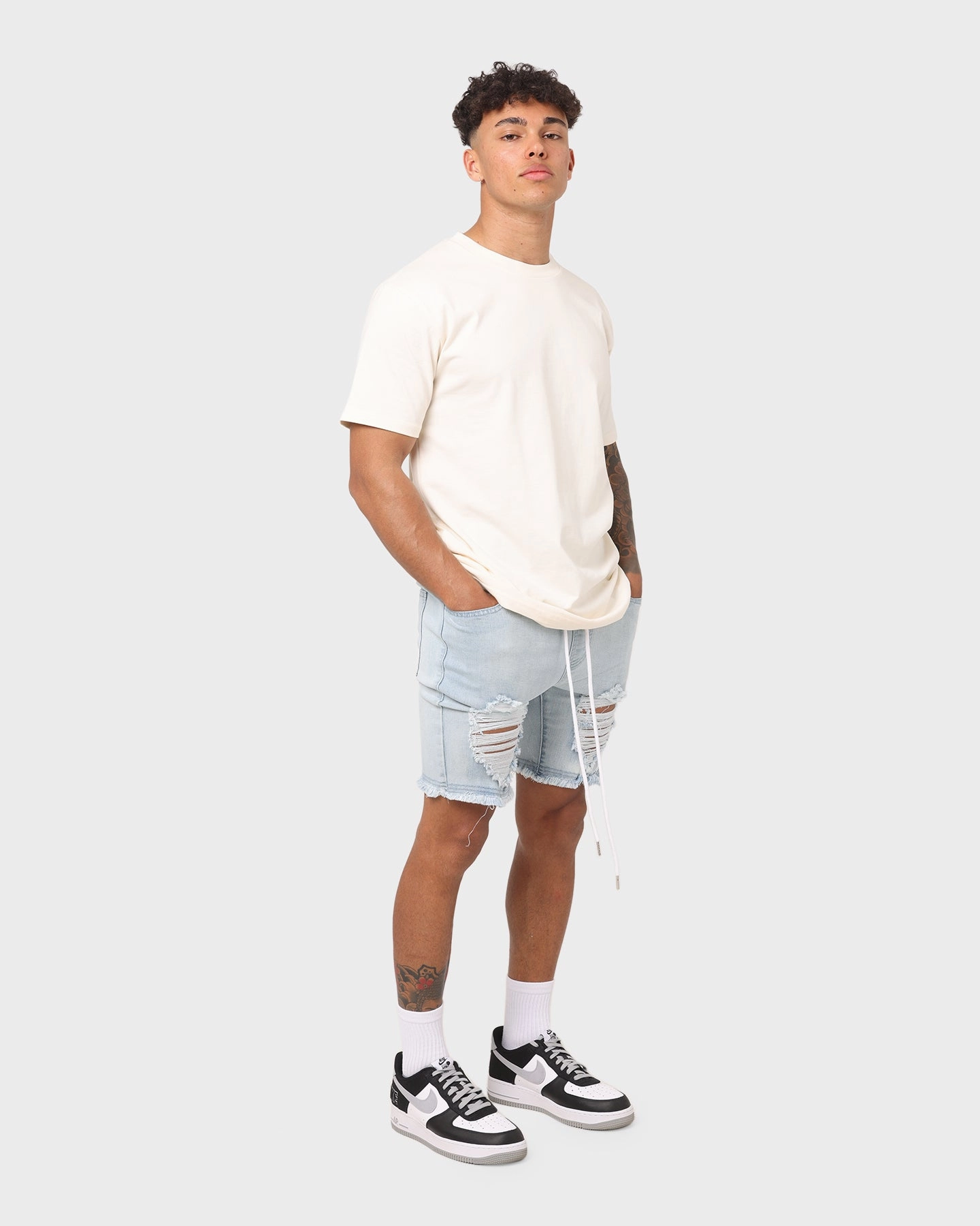 ENES Gunner Skinny Ripped Short Light Blue Designer Style