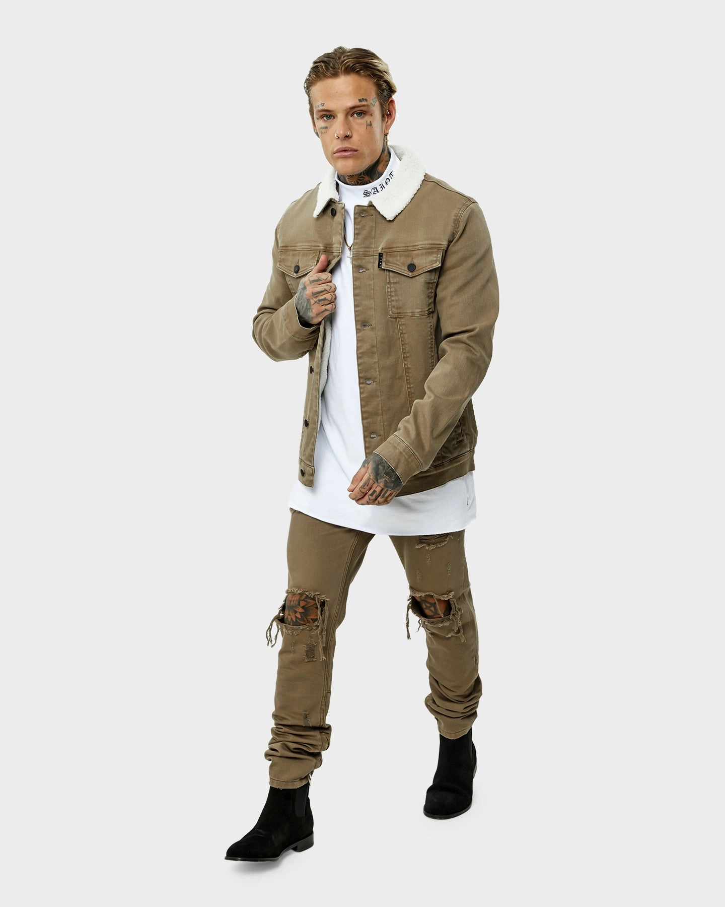 popular in America Saint Morta Sherpa Denim Jacket Brown