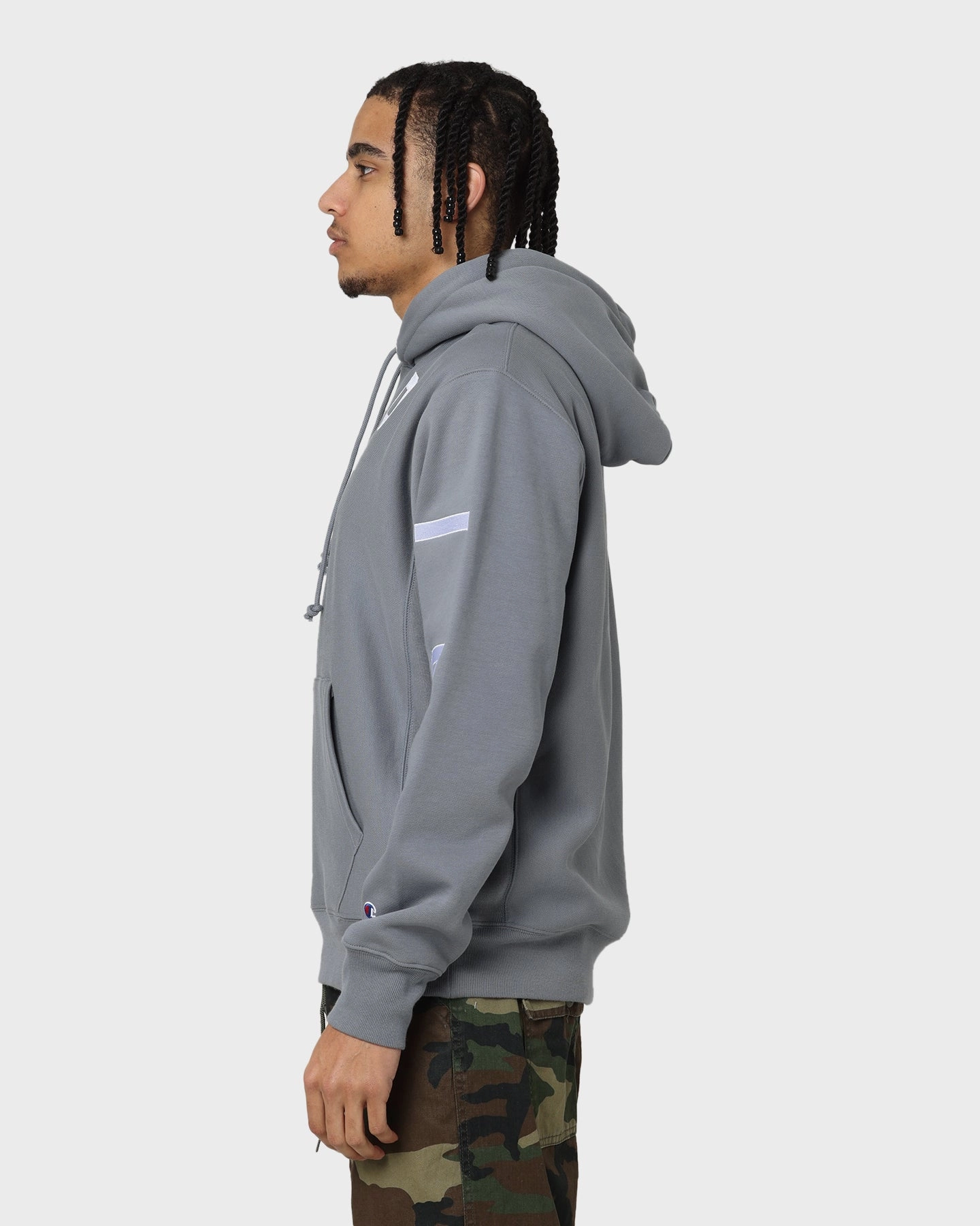 Champion Reverse Weave Arch Logo Hoodie Calico Grey Snag Free Surface