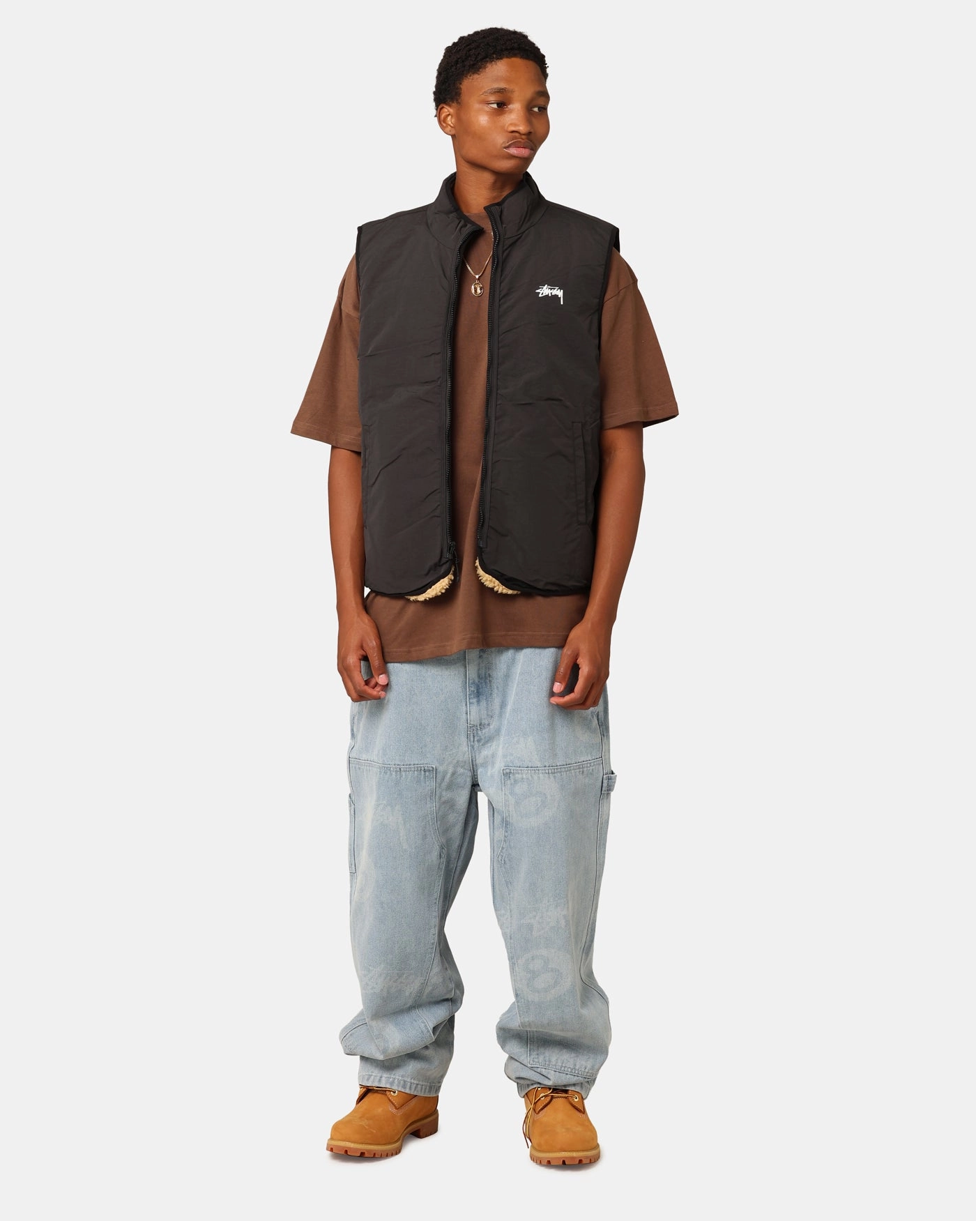 St??ssy 8 Ball Sherpa Reversible Vest Tan Sporty Style