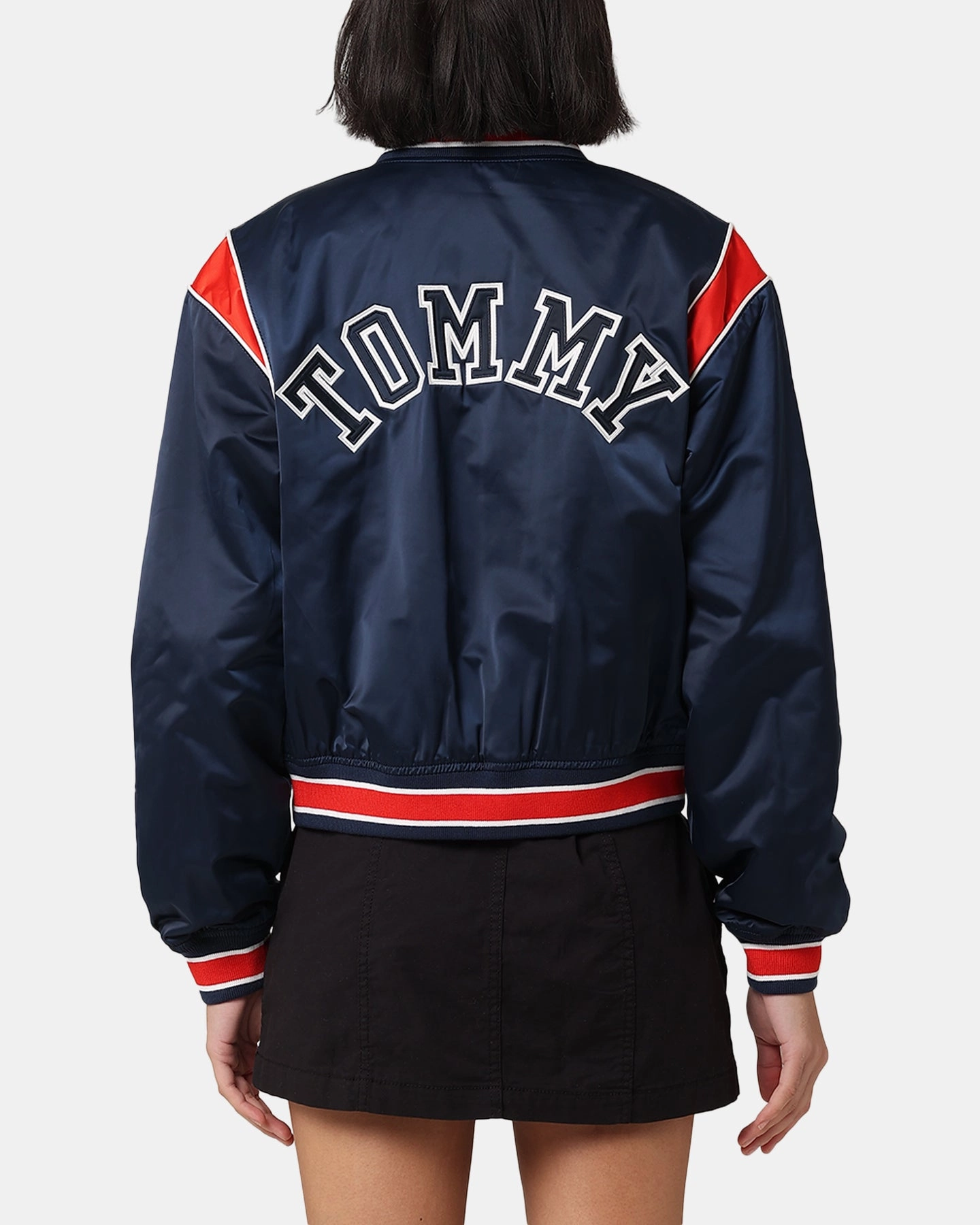 Tommy Jeans Women's TJW Archive Games Satin Bomber Jacket Twilight Indigo Stretch Fabric