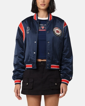 Tommy Jeans Women's TJW Archive Games Satin Bomber Jacket Twilight Indigo Functional Layer Sympathy