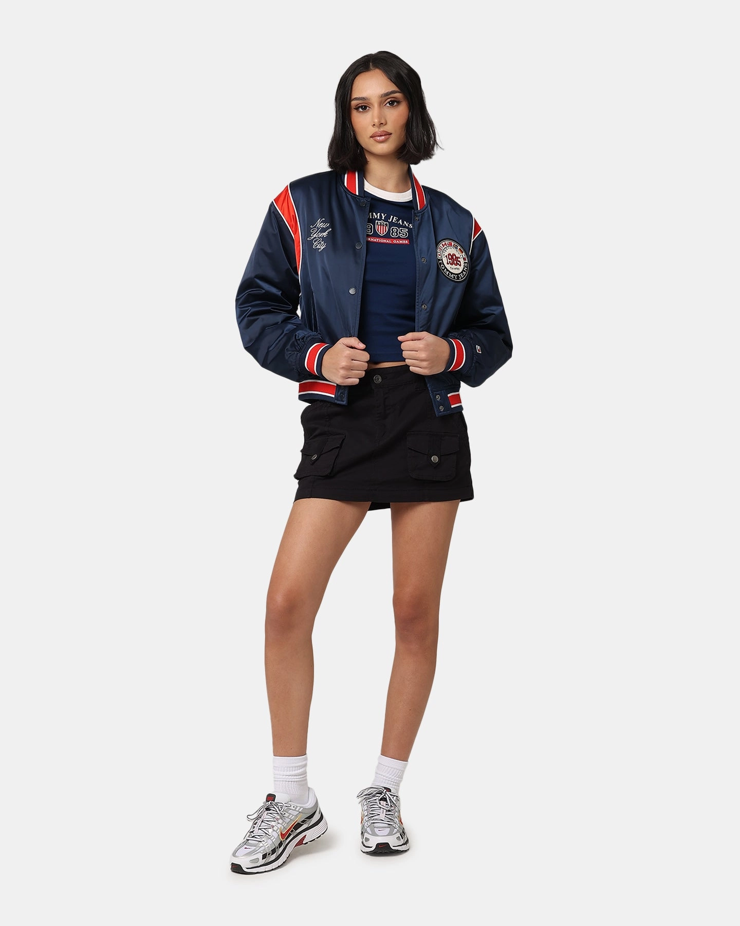 Tommy Jeans Women's TJW Archive Games Satin Bomber Jacket Twilight Indigo YKK Zipper Hardware Propose