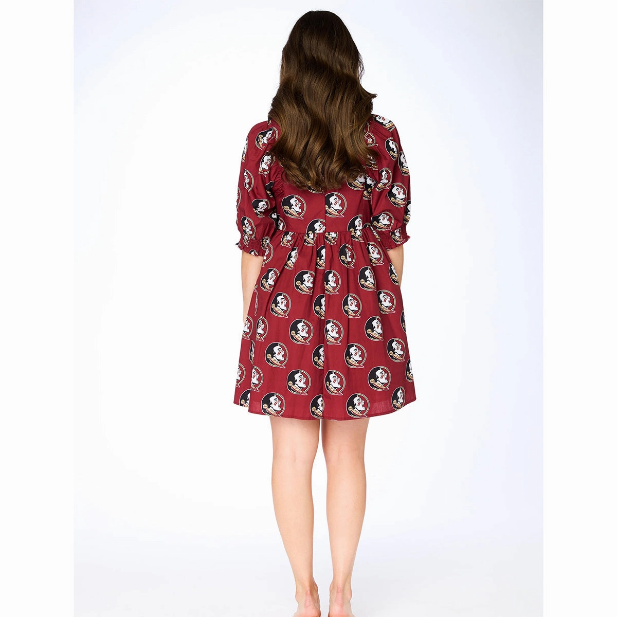 Stewart Simmons Women's Seminole Logo Pattern Oversized V-Neck Poplin Dress - Garnet SeamlessConstruction