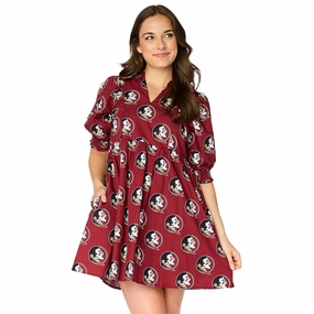 Stewart Simmons Women's Seminole Logo Pattern Oversized V-Neck Poplin Dress - Garnet Compact Fit Trendy wrap gown