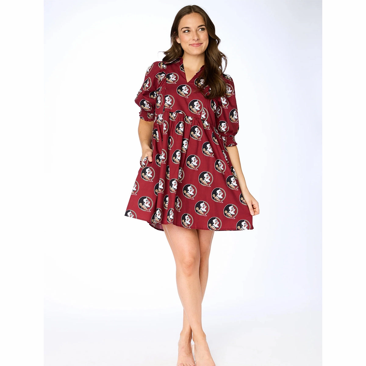 Polished Mood Smooth silhouette Stewart Simmons Women's Seminole Logo Pattern Oversized V-Neck Poplin Dress - Garnet
