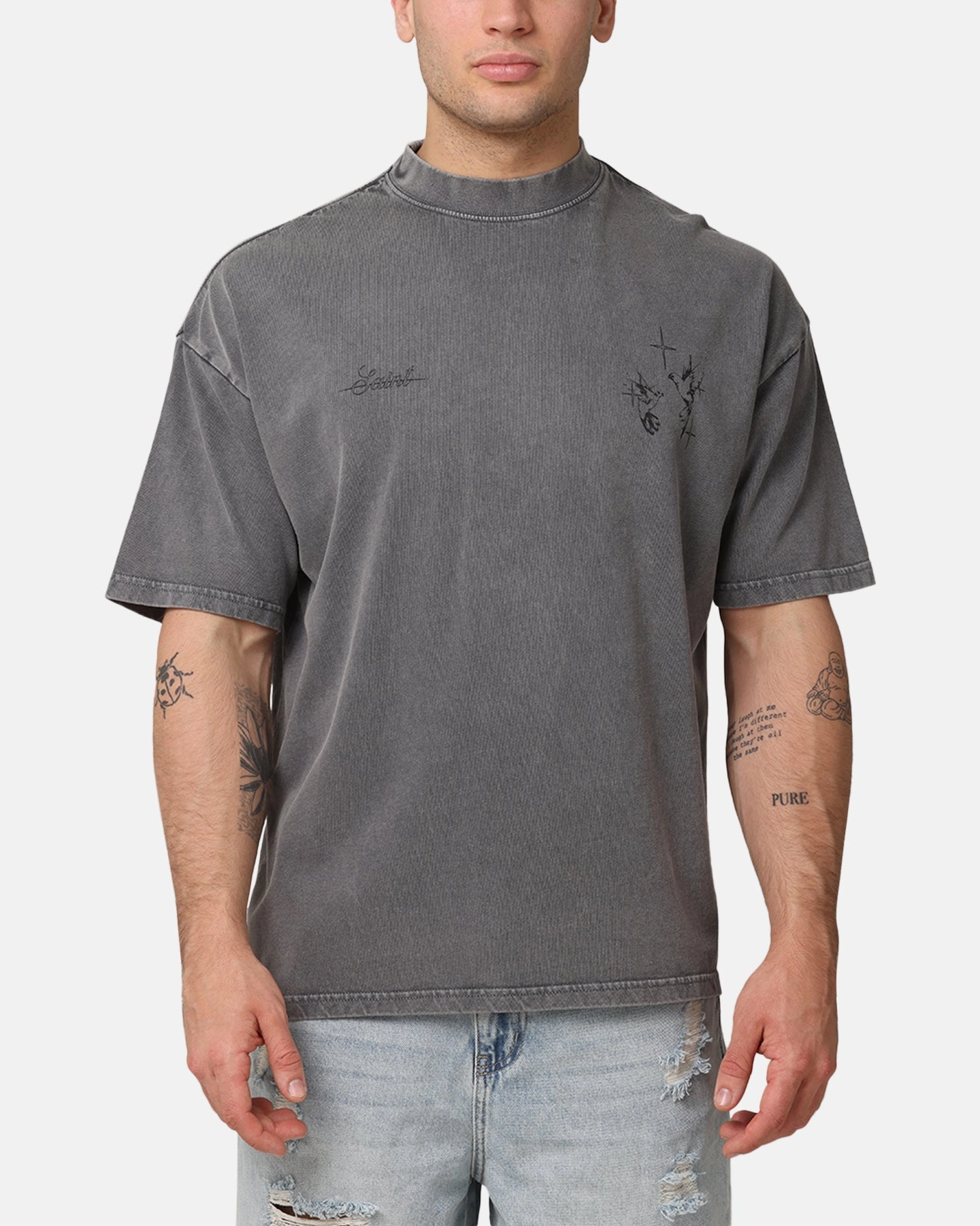 Saint Morta Destiny Rising Mock Neck T-Shirt Washed Charcoal Boat neck style timeless