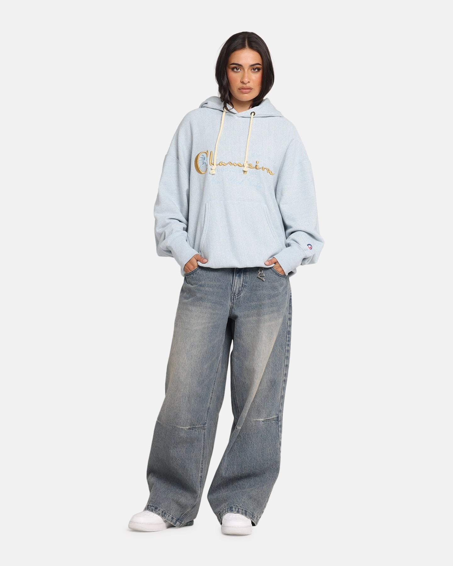 Champion Vintage Logo Sweatshirt Hoodie Oxford Grey Heather Flexible Hood