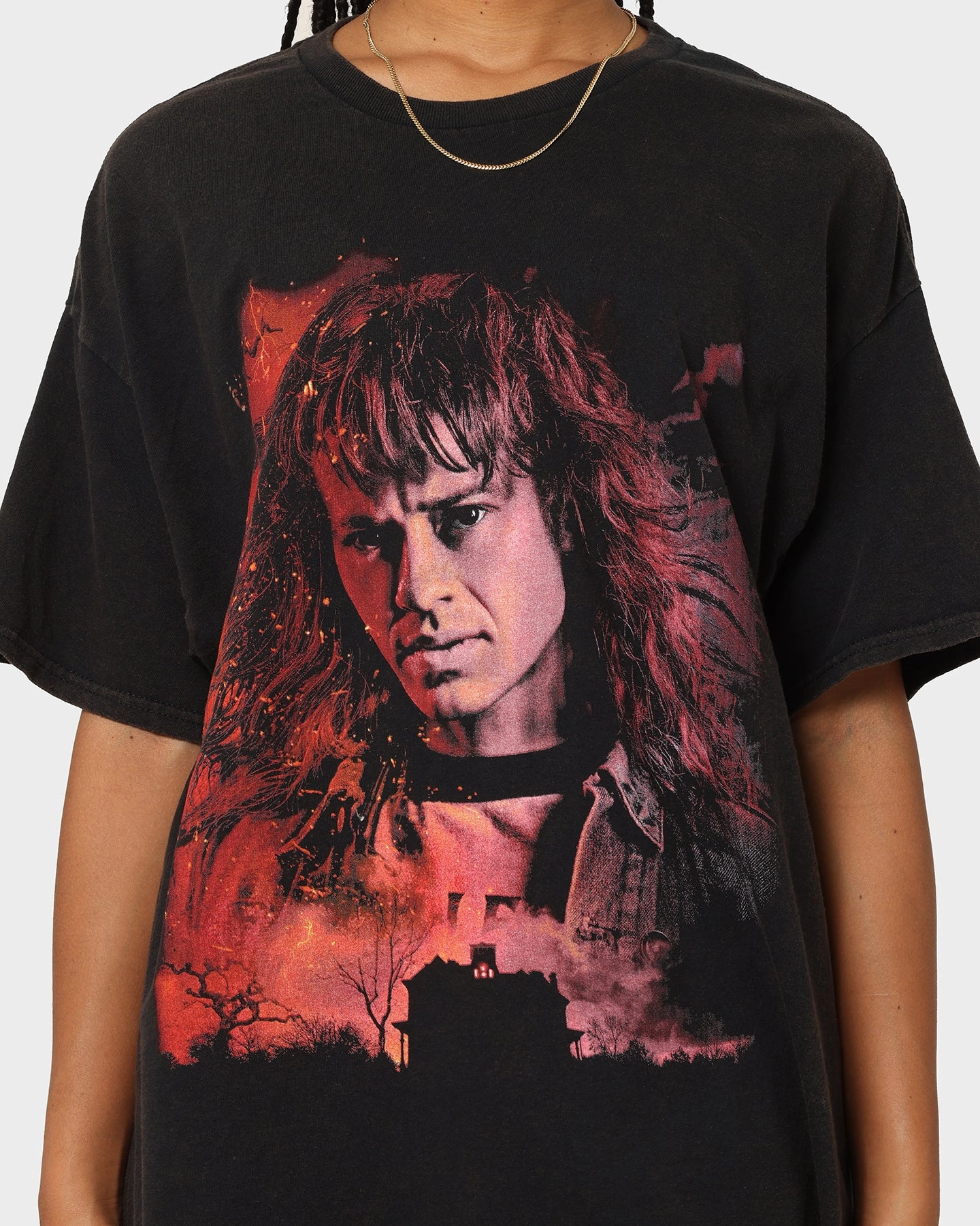 Ultra Soft Blended Textile Comfy Fit Layer Goat Crew X Stranger Things Eddie Vintage T-Shirt Black Wash