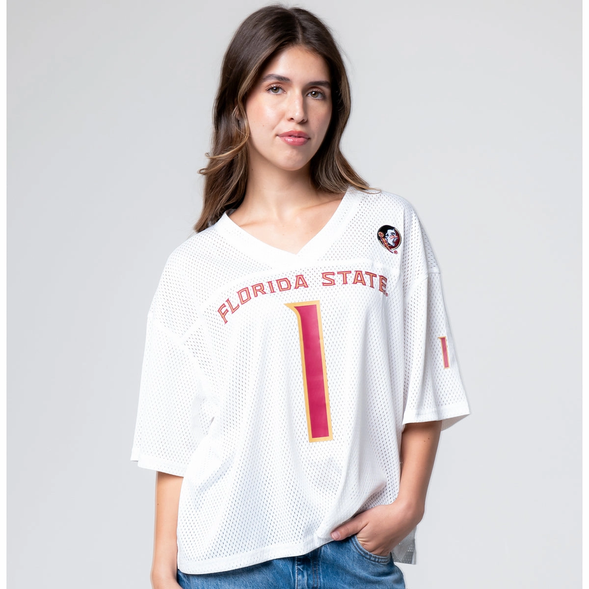 Easy Fit Established & Co. Women's Florida State #1 Mesh Boyfriend Jersey - White