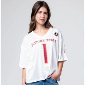 Established & Co. Women's Florida State #1 Mesh Boyfriend Jersey - White Stylish Details