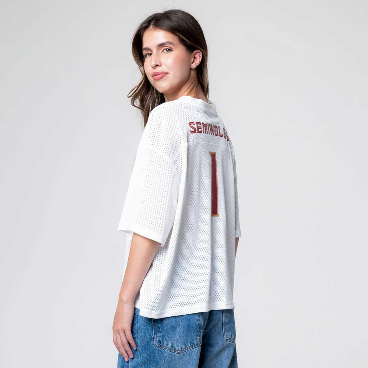 Established & Co. Women's Florida State #1 Mesh Boyfriend Jersey - White Bold Design