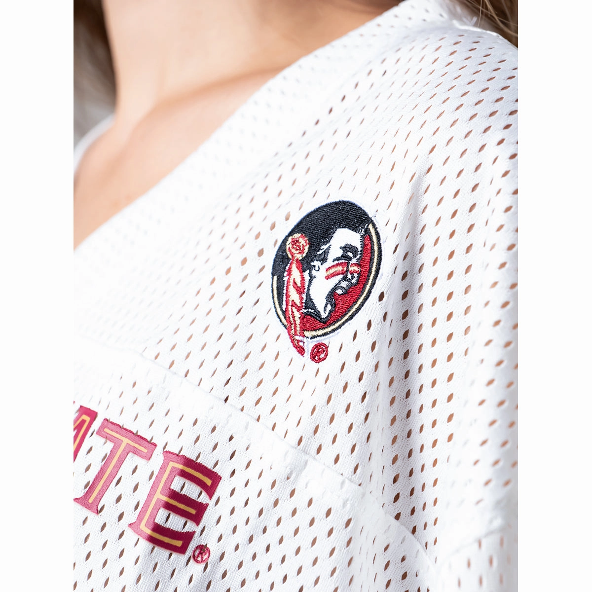 Established & Co. Women's Florida State #1 Mesh Boyfriend Jersey - White Basic Piece Anti microbial coating