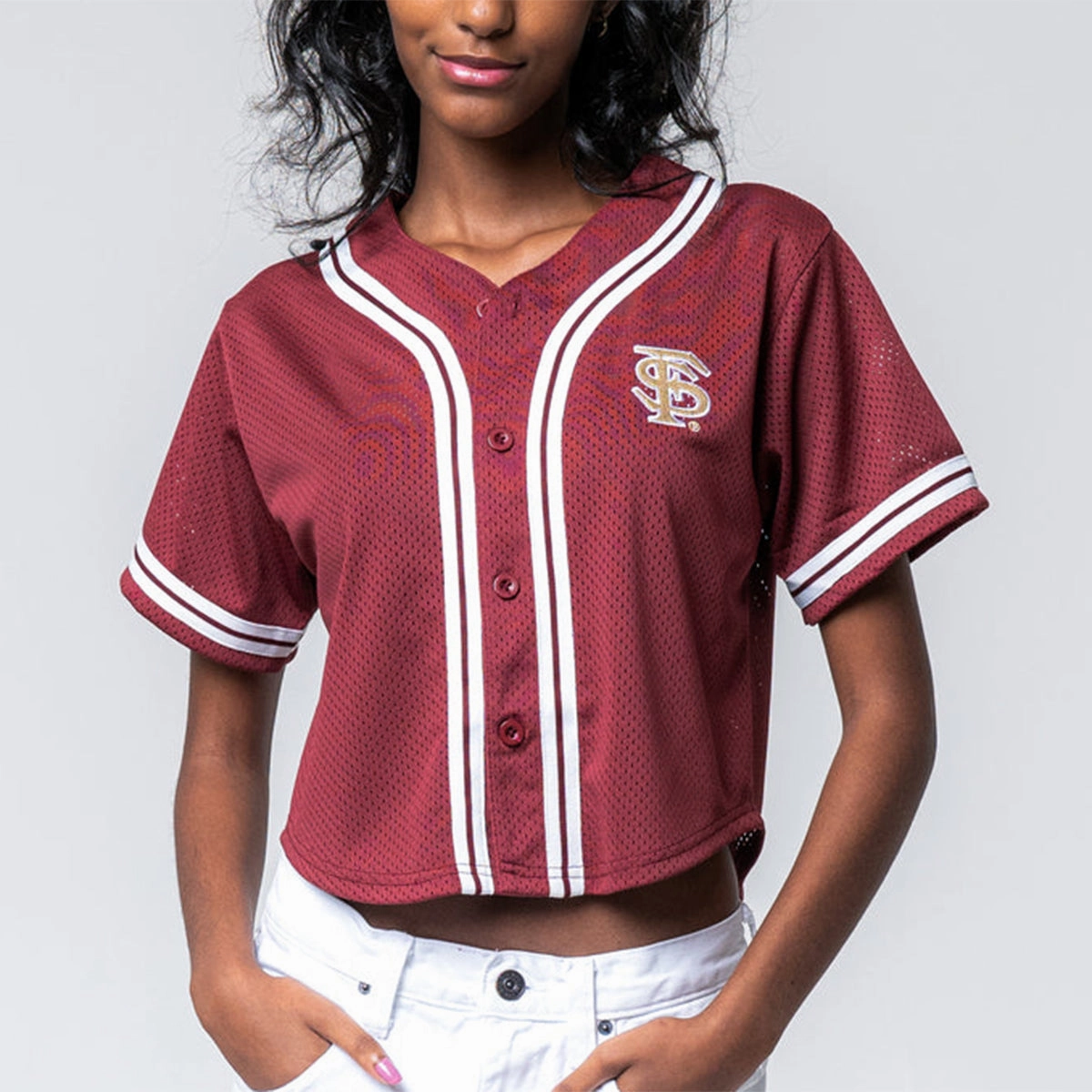 Indoor Comfort Essential Style Wear Established & Co Women's Interlocking FS Crop Baseball Jersey - Garnet