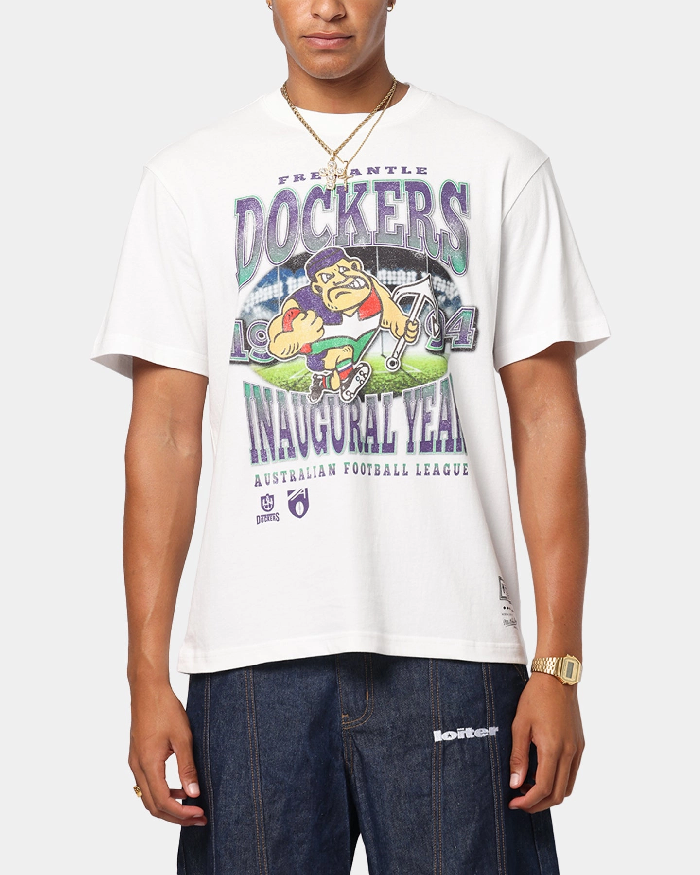 Organic Cotton Construction Mitchell & Ness Fremantle Dockers Mascot T-Shirt Vintage White