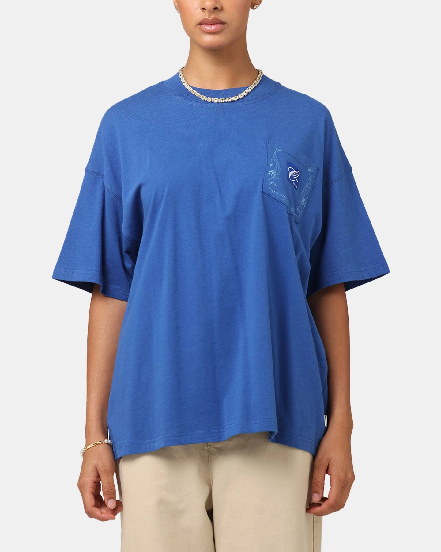 Layered Look Moisture Wicking Technology Carre Floral Pocket Oversized T-Shirt Blue