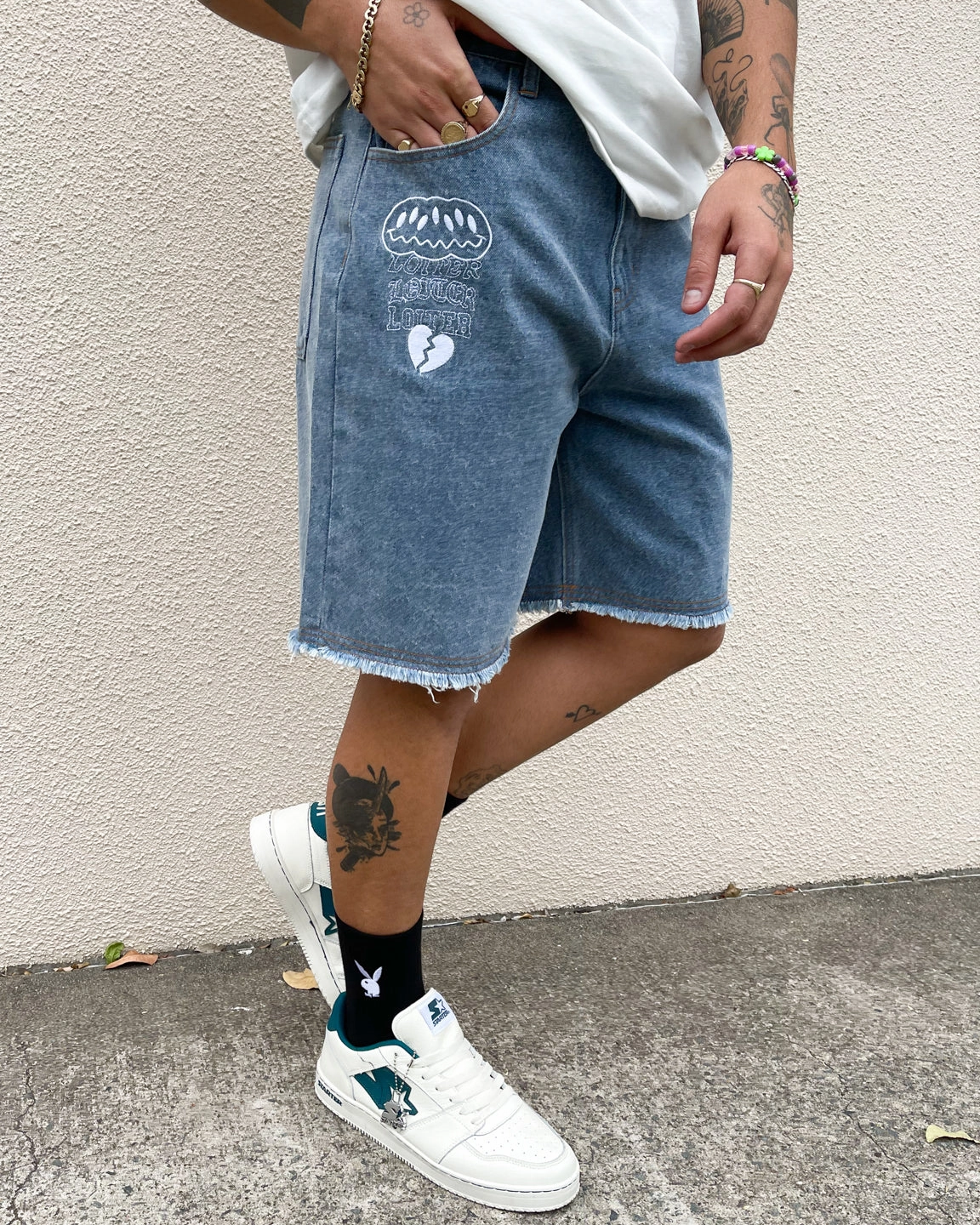Loiter Freedom Skate Denim Shorts Blue Free Size Adjuster Basic Stretch