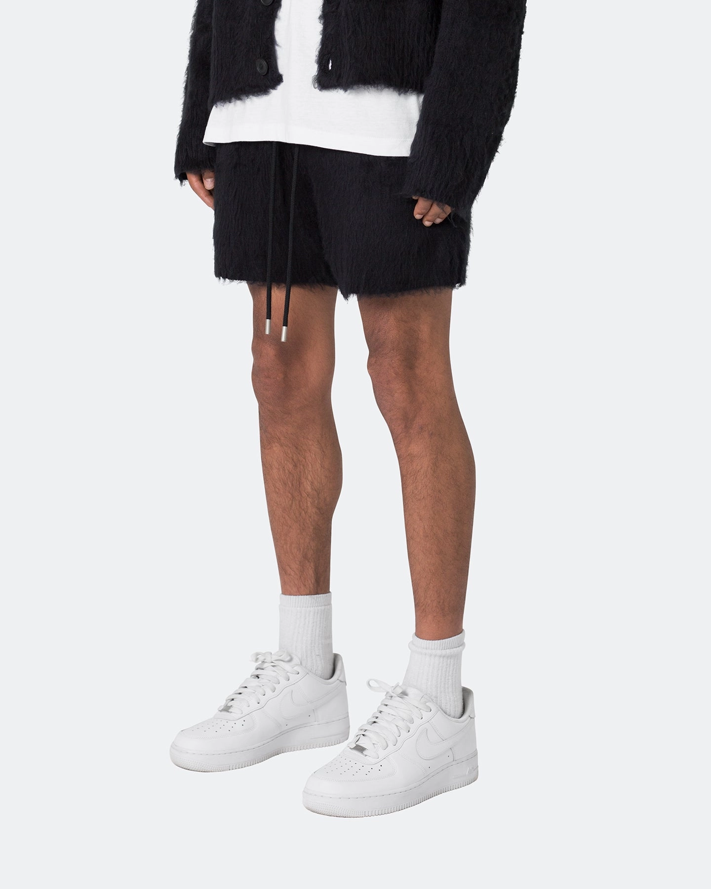 Patchwork Design MNML Fuzzy Sweat Shorts Black