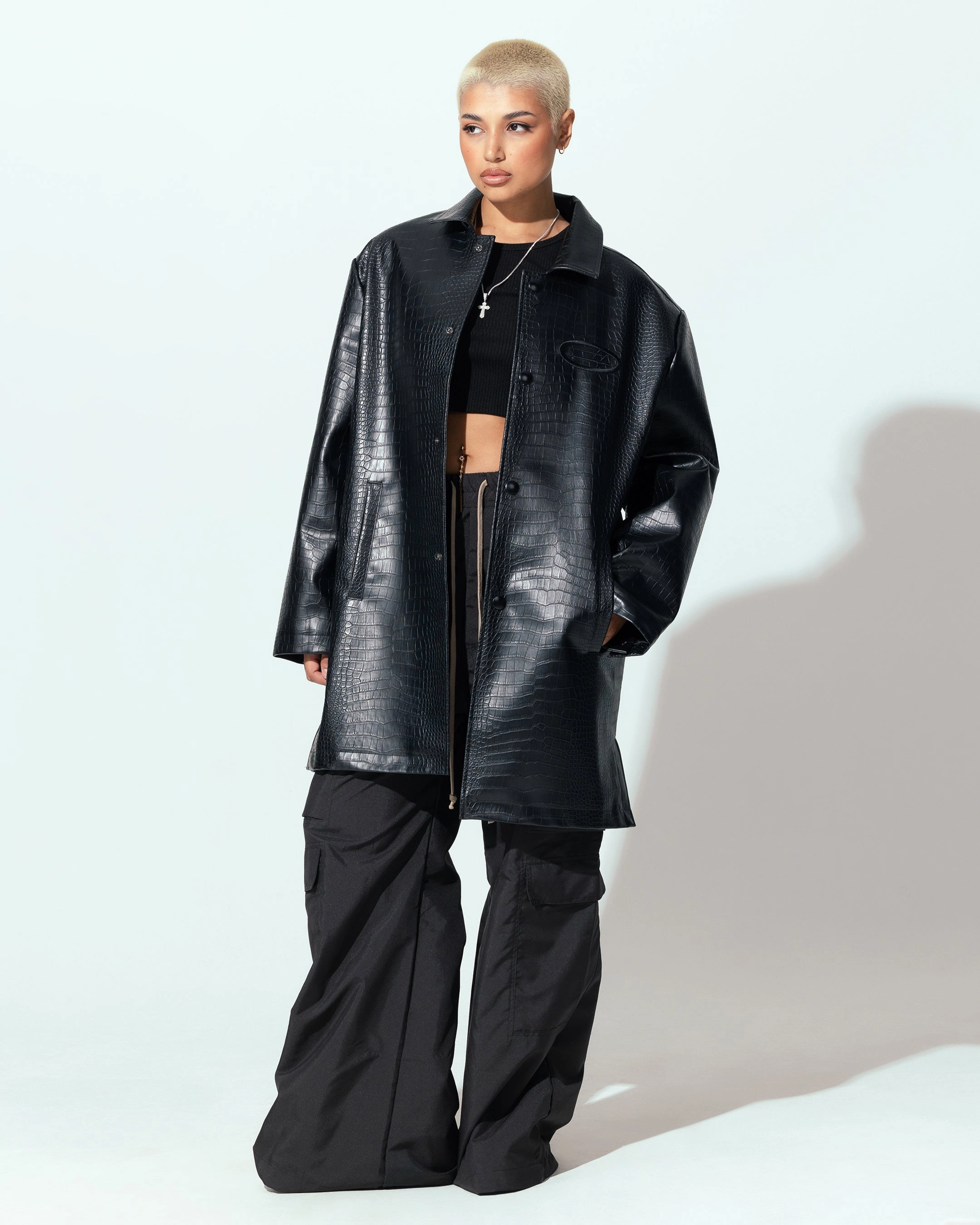 Four Way Stretch Fabric Loiter Atmosphere Trench Coat Black