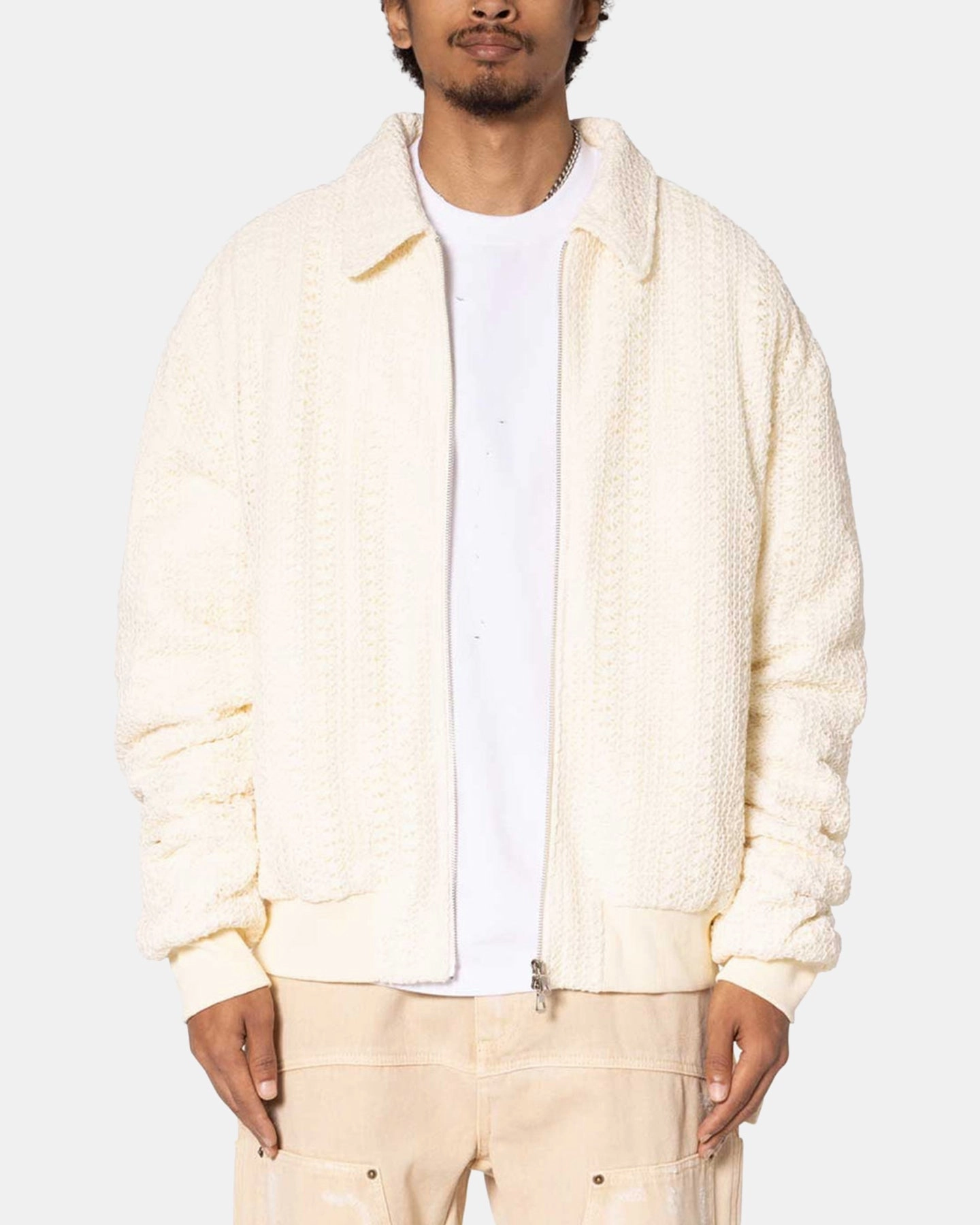 Hazard Flex Stretch Material MNML Crochet Bomber Jacket Cream