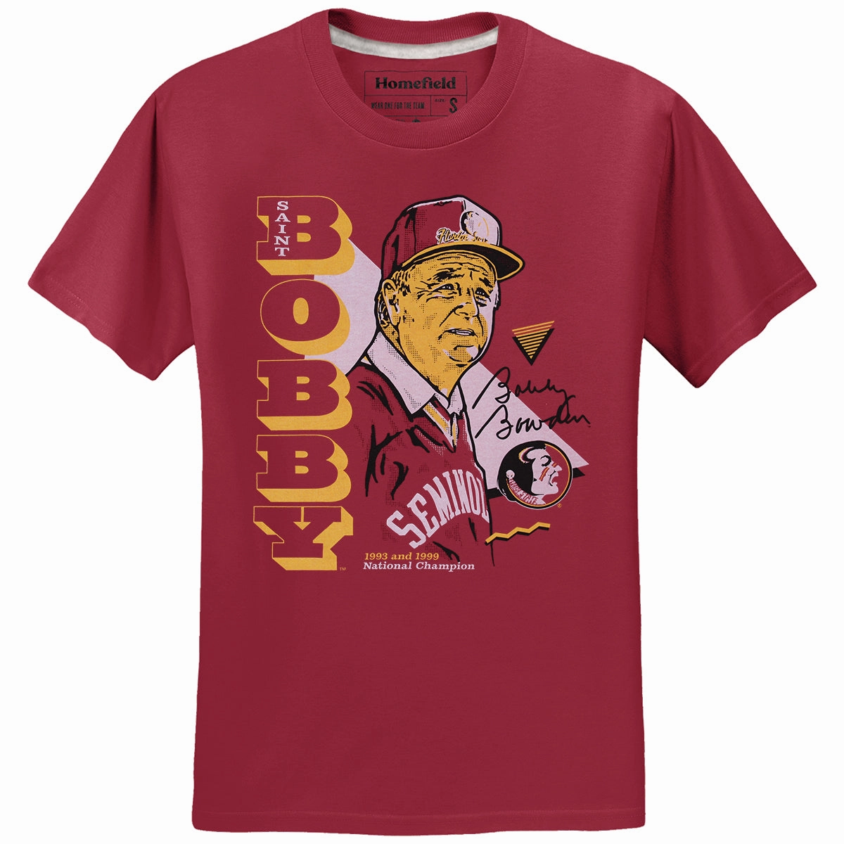 spandex blend Homefield Adult/Unisex Vault Saint Bobby Bobby Bowden Design Short Sleeve T-shirt - Crimson