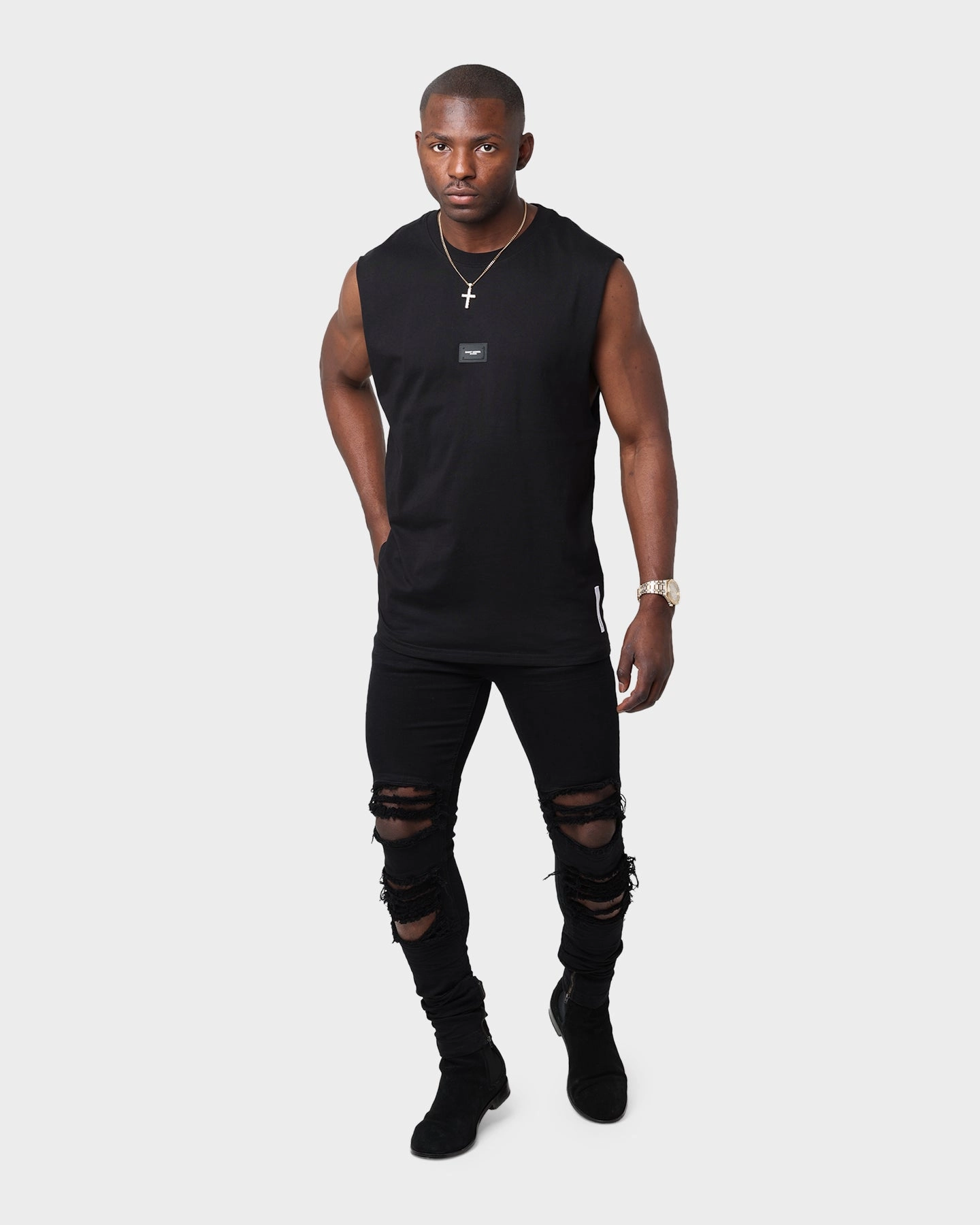 Laser Cut Edges Saint Morta Annex Premier Oversized Muscle T-Shirt Black/Black