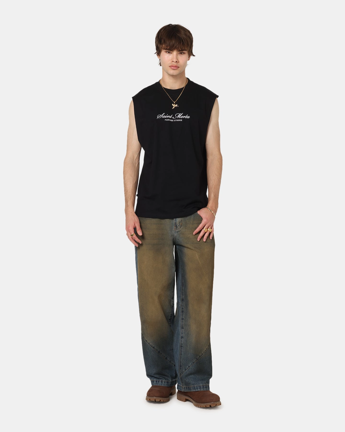 Washable fabric safe for skin Saint Morta Studios Logo Oversized Muscle T-Shirt Black