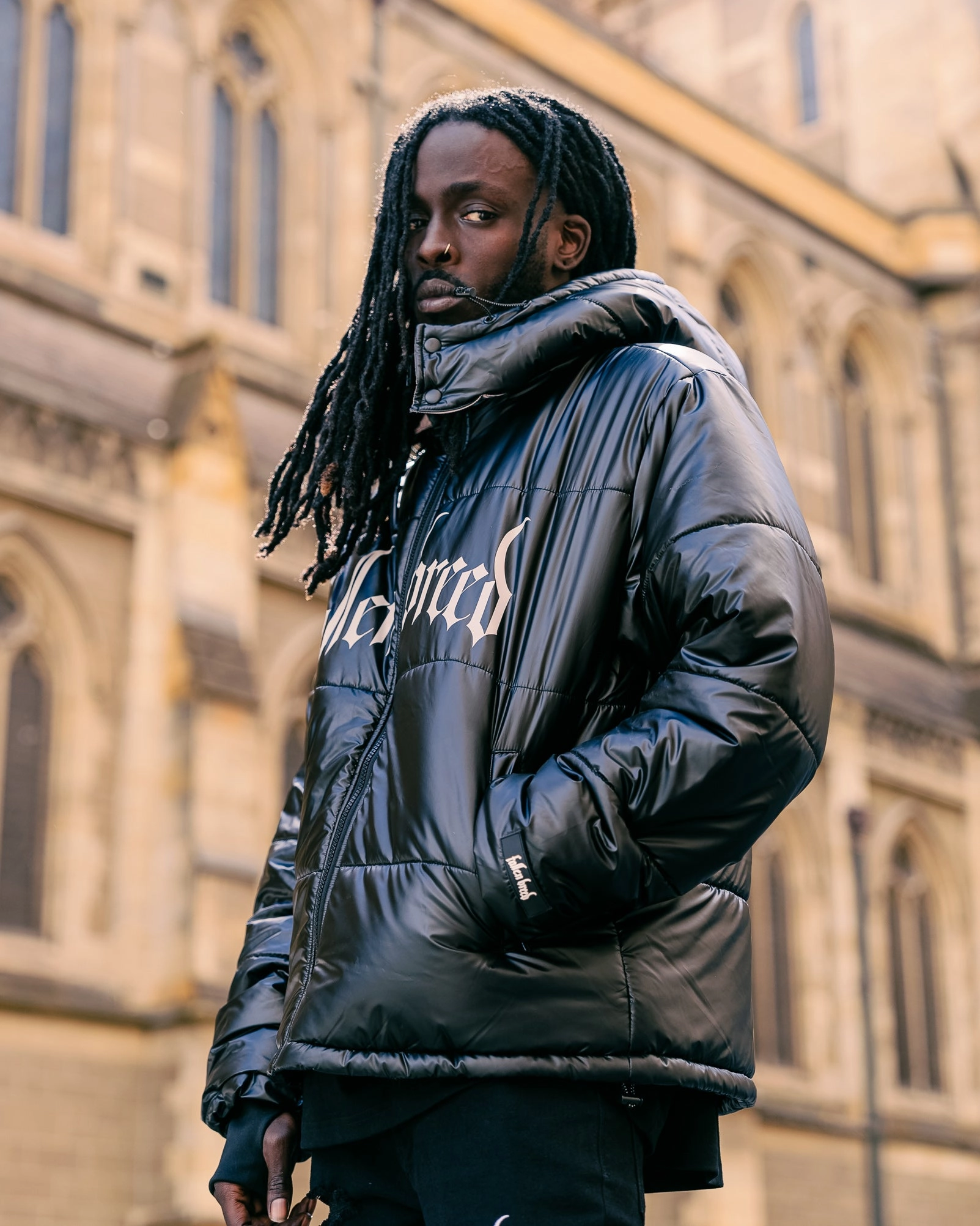 Fallen Breed Logo Puffer Jacket Black DualVentilation Zippers theater performance