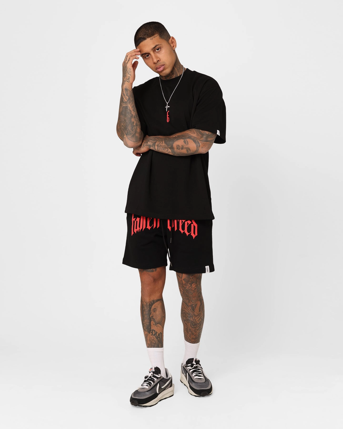 Faux Leather Fallen Breed Puff Logo Zip Sweat Shorts Black/Red