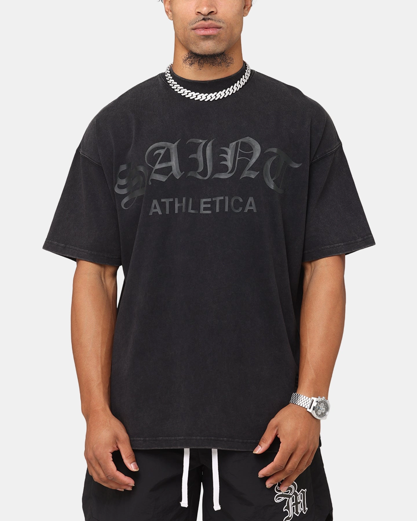 Saint Morta Saint Athletica Boxy T-Shirt Vintage Black V-Neck Essential Wardrobe