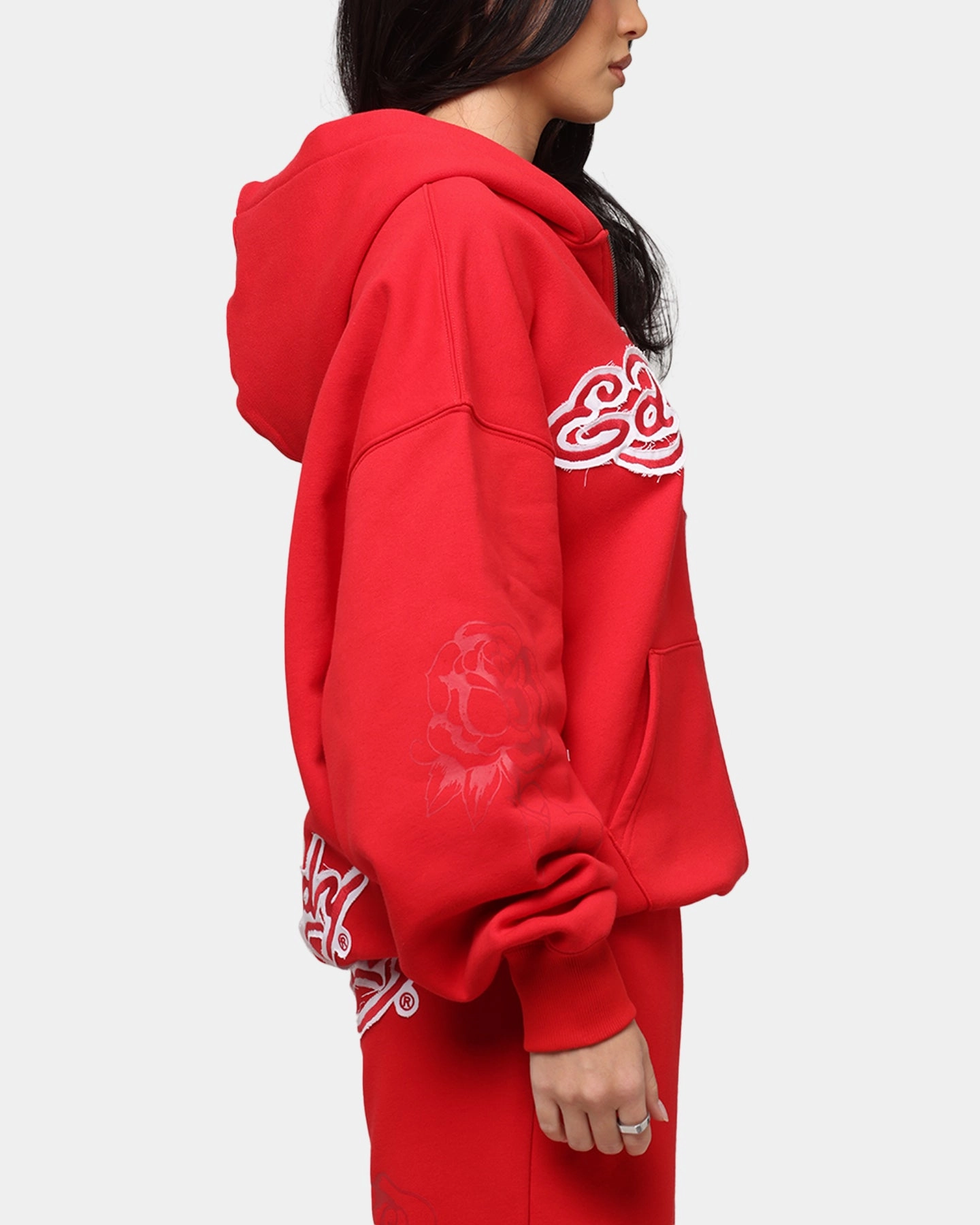 Ed Hardy Women's Rose Zip Hoodie Red Ribbed Knit Cuffs Trail Comfort