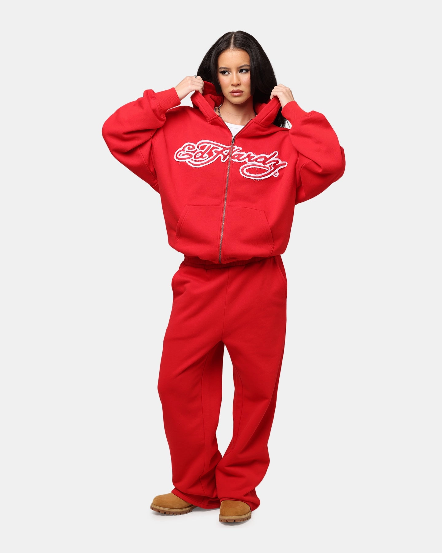 Ed Hardy Women's Rose Zip Hoodie Red mountain scene