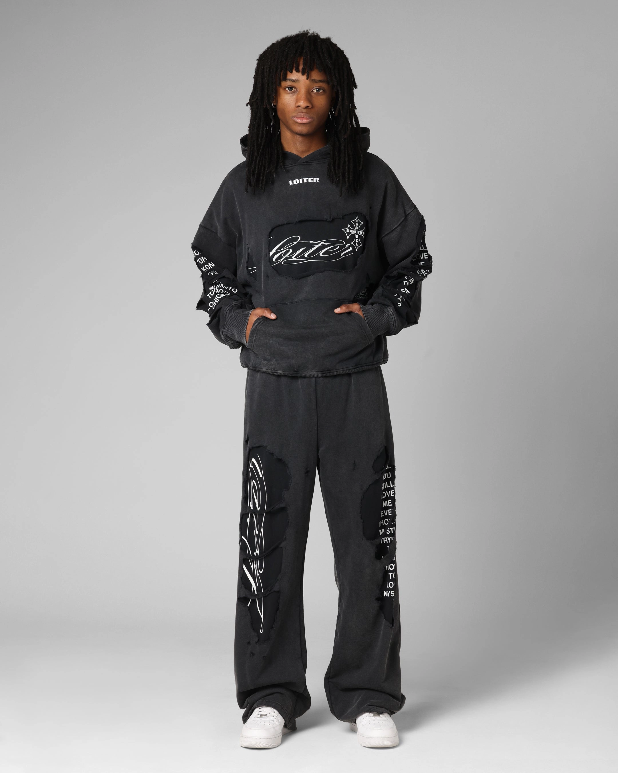 Fashion Layer Loiter Destruction Hoodie Black