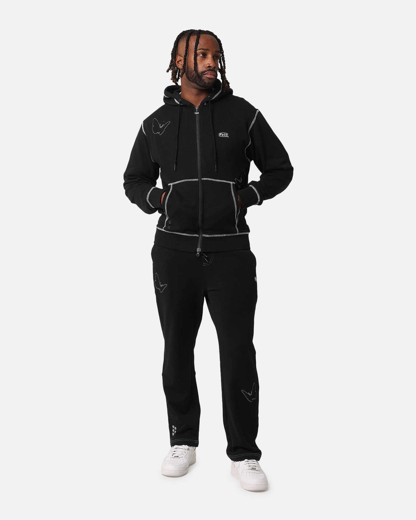 Felt Contrast Stitched Sweatpants Black Versatile Waist