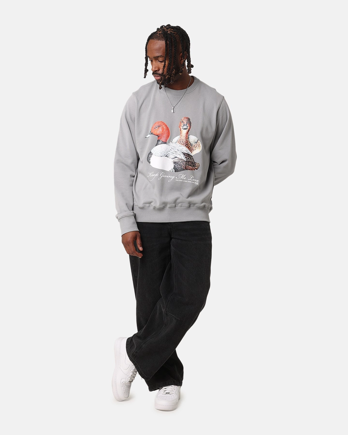 Felt Duck Love Crewneck Sweater Grey Waterproof Material Frictionless Zipper Tracks