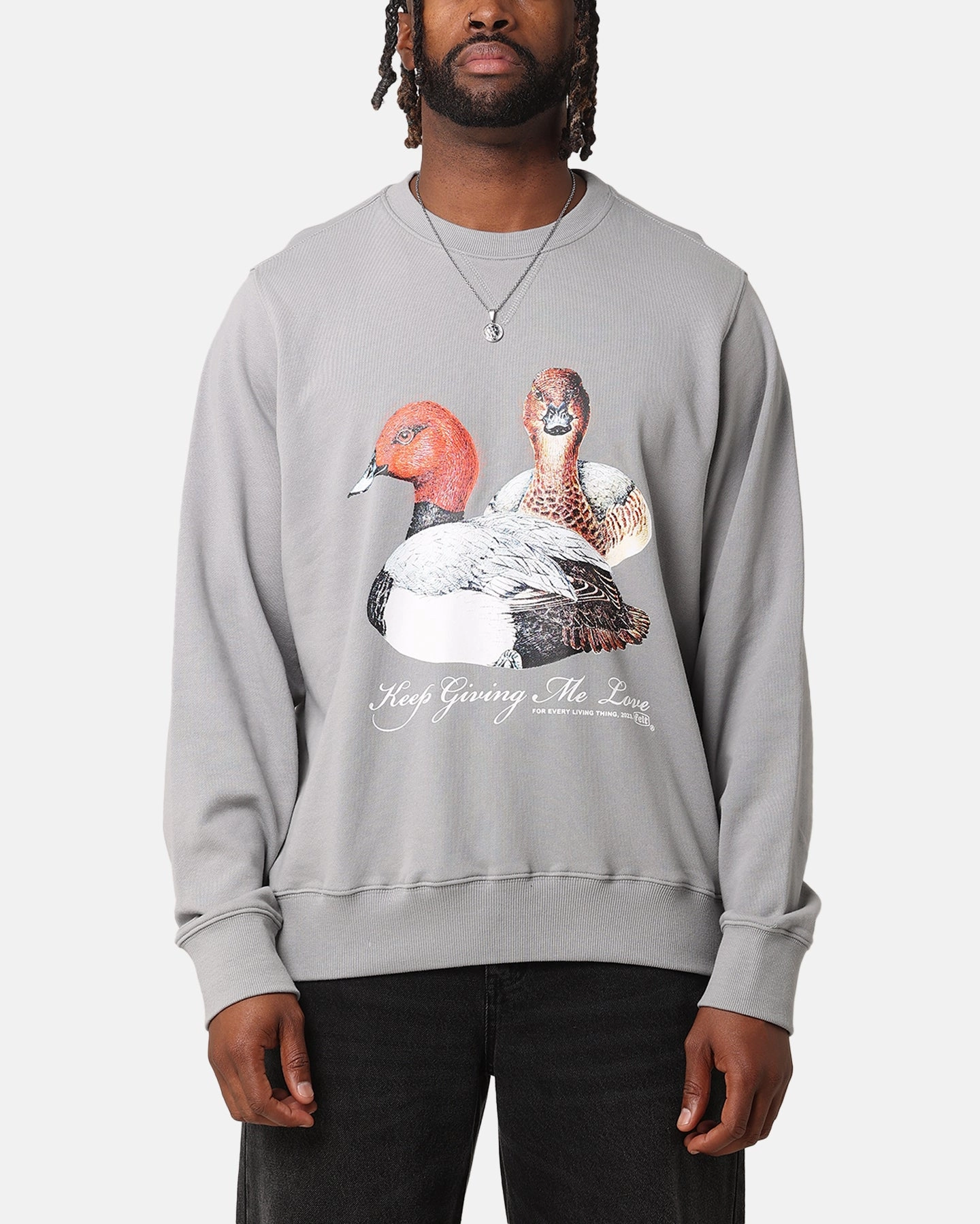Felt Duck Love Crewneck Sweater Grey Smooth Zipper Action Eco Nice