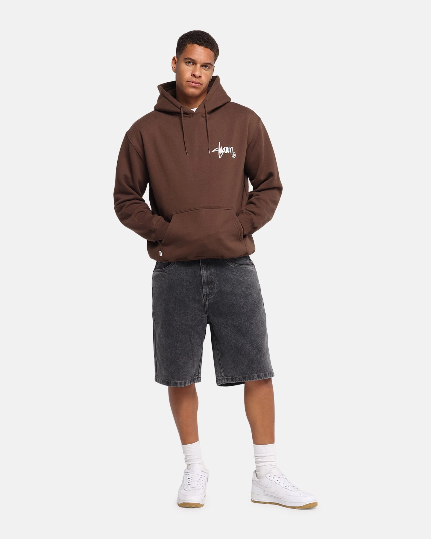 S Double Shawn Script Hoodie Chocolate Ribbed Cuffs small scale projects
