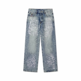 Kidsuper Rhinestone Face Jeans 'Blue' Wrinkle Free Fabric Flexible Leg