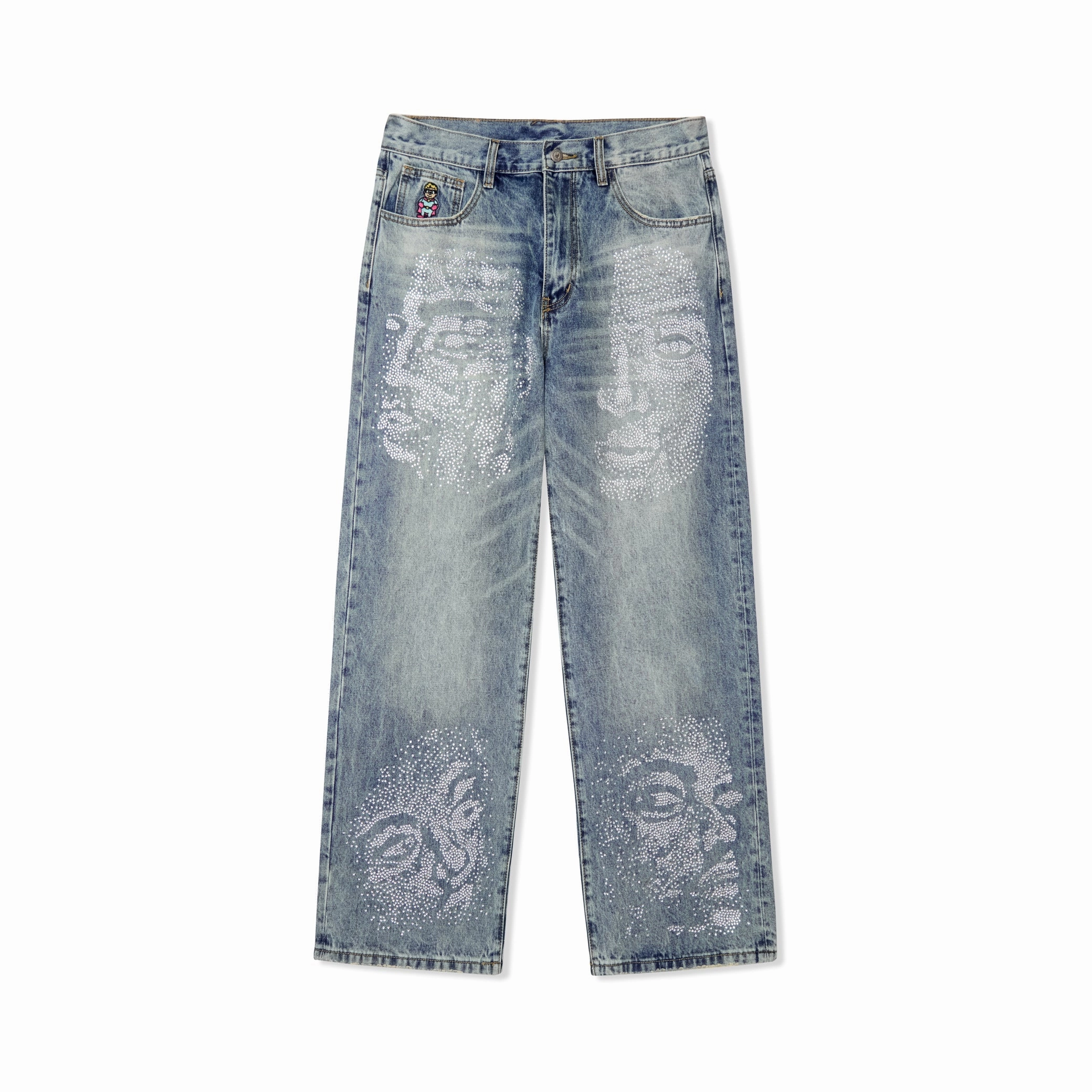 Kidsuper Rhinestone Face Jeans 'Blue' Wrinkle Free Fabric Flexible Leg