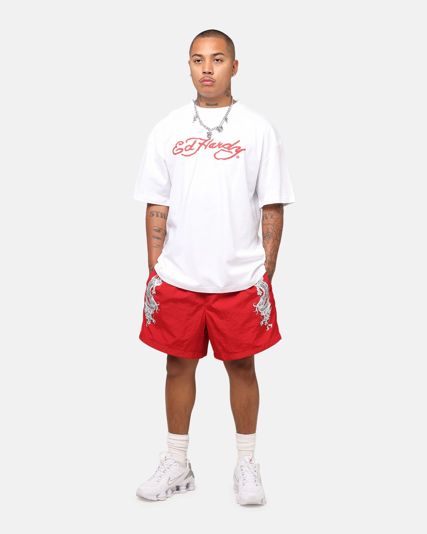 Ed Hardy Tribal Dragon Shorts Red Eco Friendly Dye Process