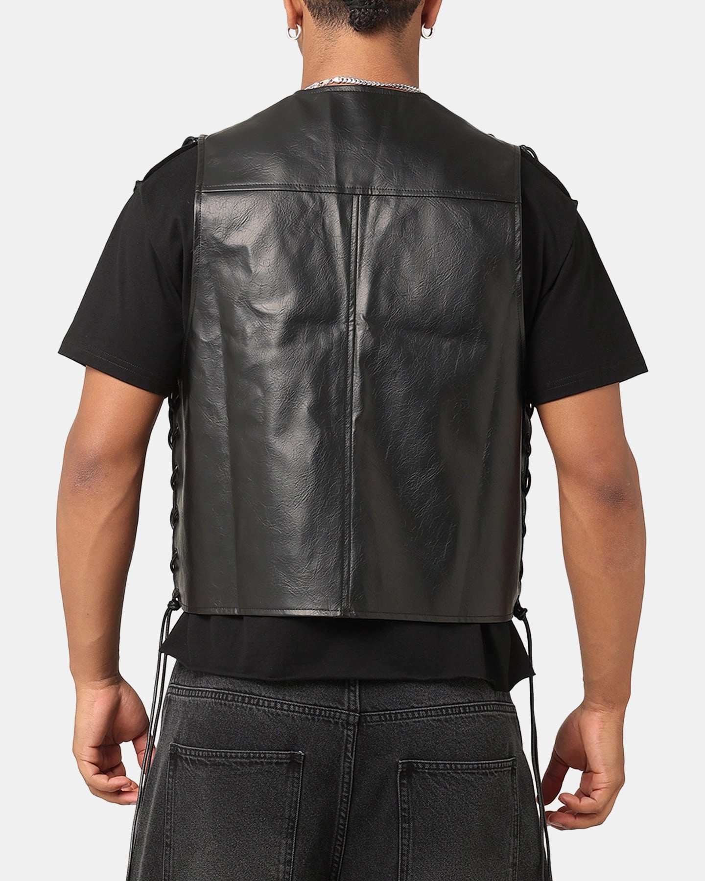 XXIII Tied Up PU Leather Vest Black Surprise Mesh Backed Hood
