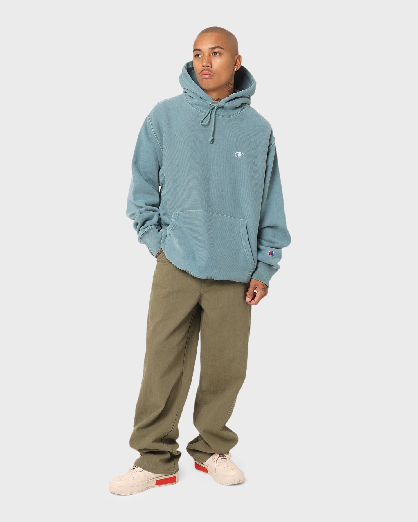 Champion Reverse Weave Garm Dye Hoodie Aqua Tonic Side Pockets