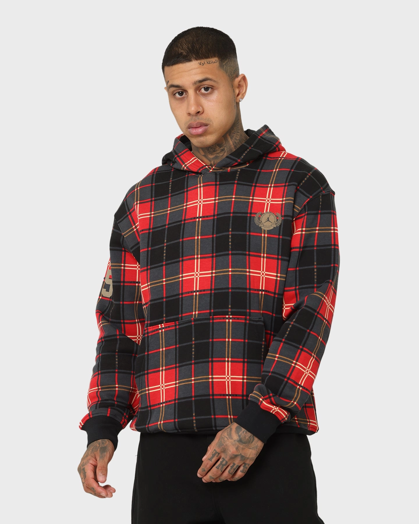 Jordan Essential Holiday Plaid Fleece Pullover Hoodie Fire Red Cozy Jacket