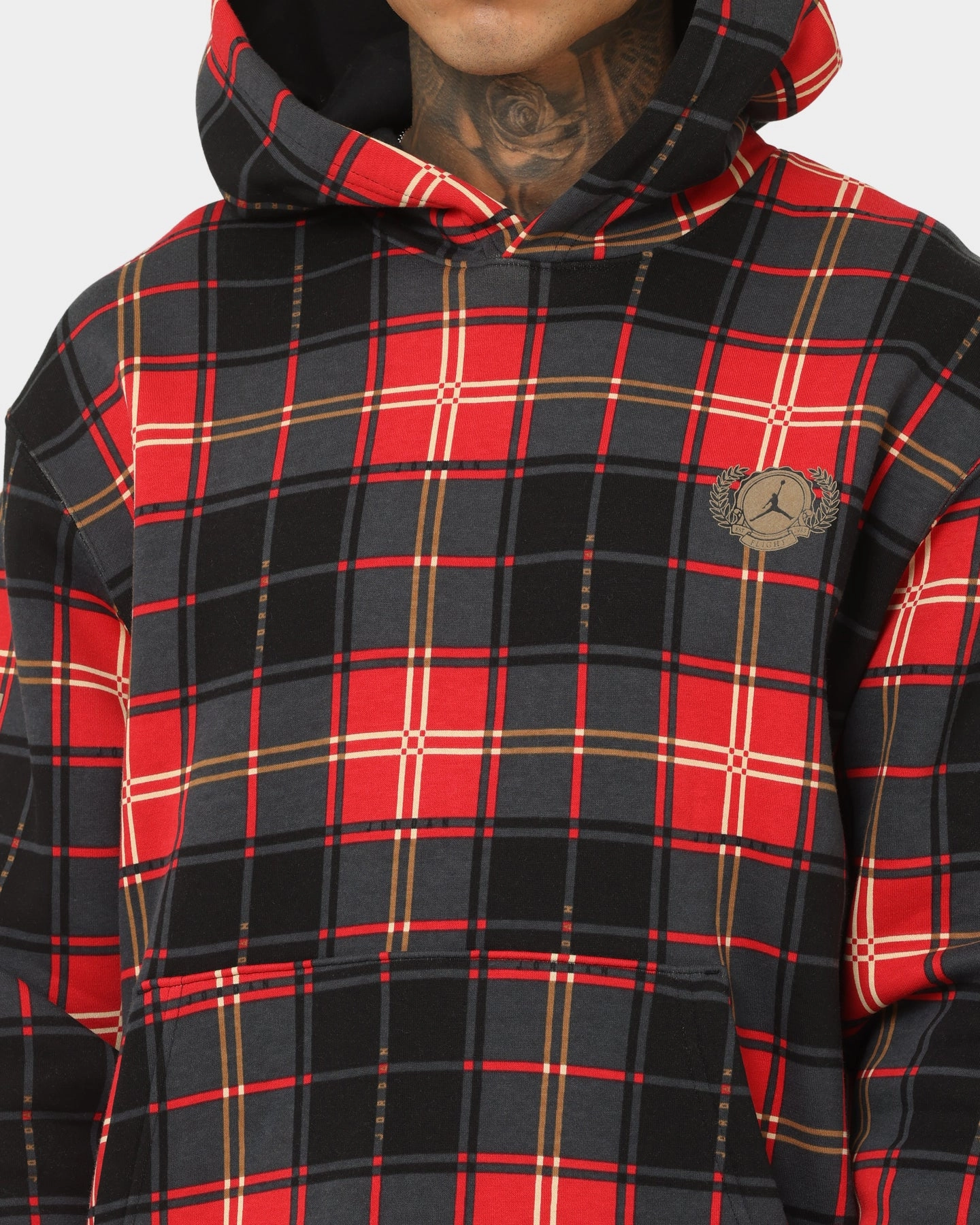 Jordan Essential Holiday Plaid Fleece Pullover Hoodie Fire Red Clue