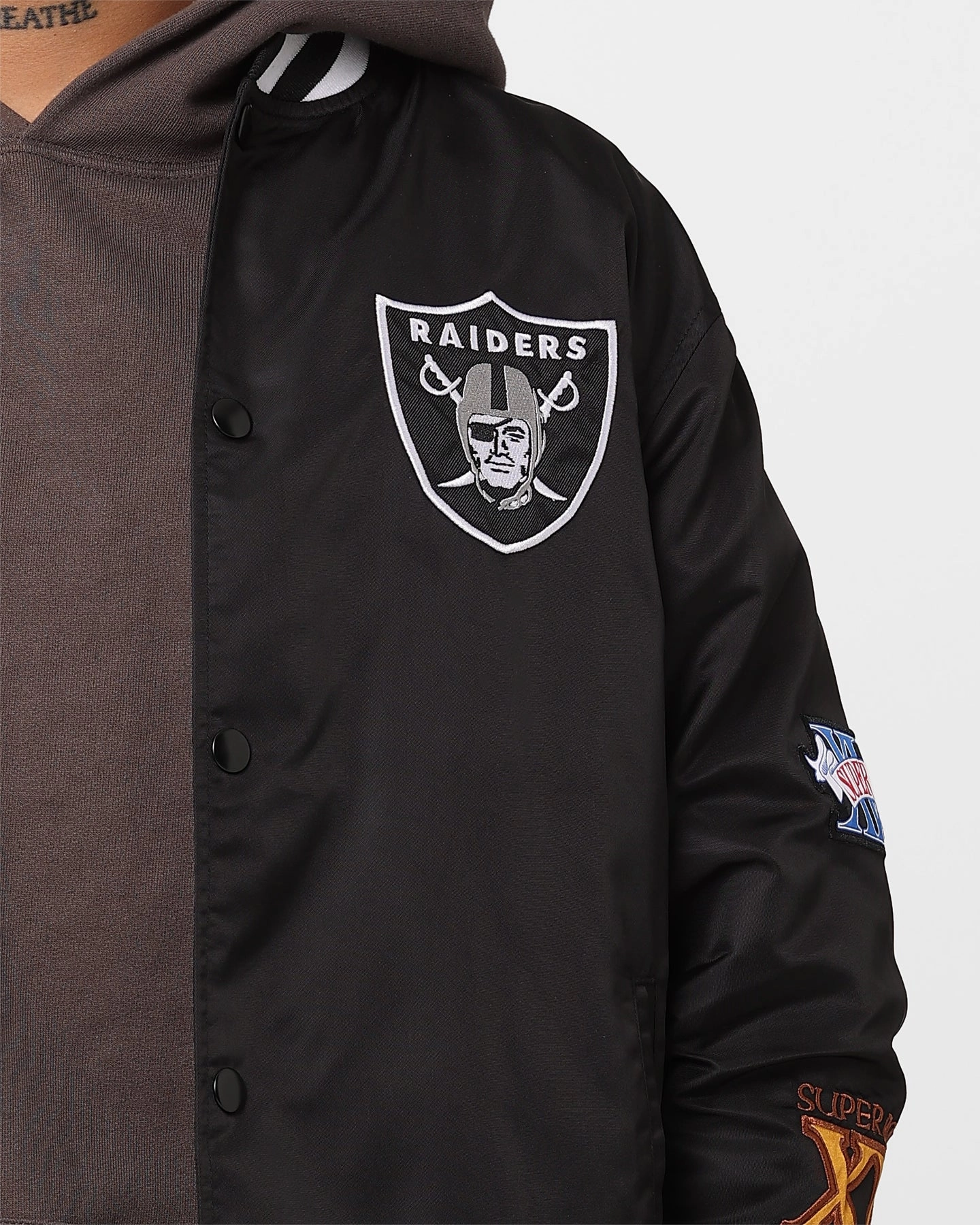 New Era Las Vegas Raiders Nylon Varsity Jacket Black Airtight Storage Compartment