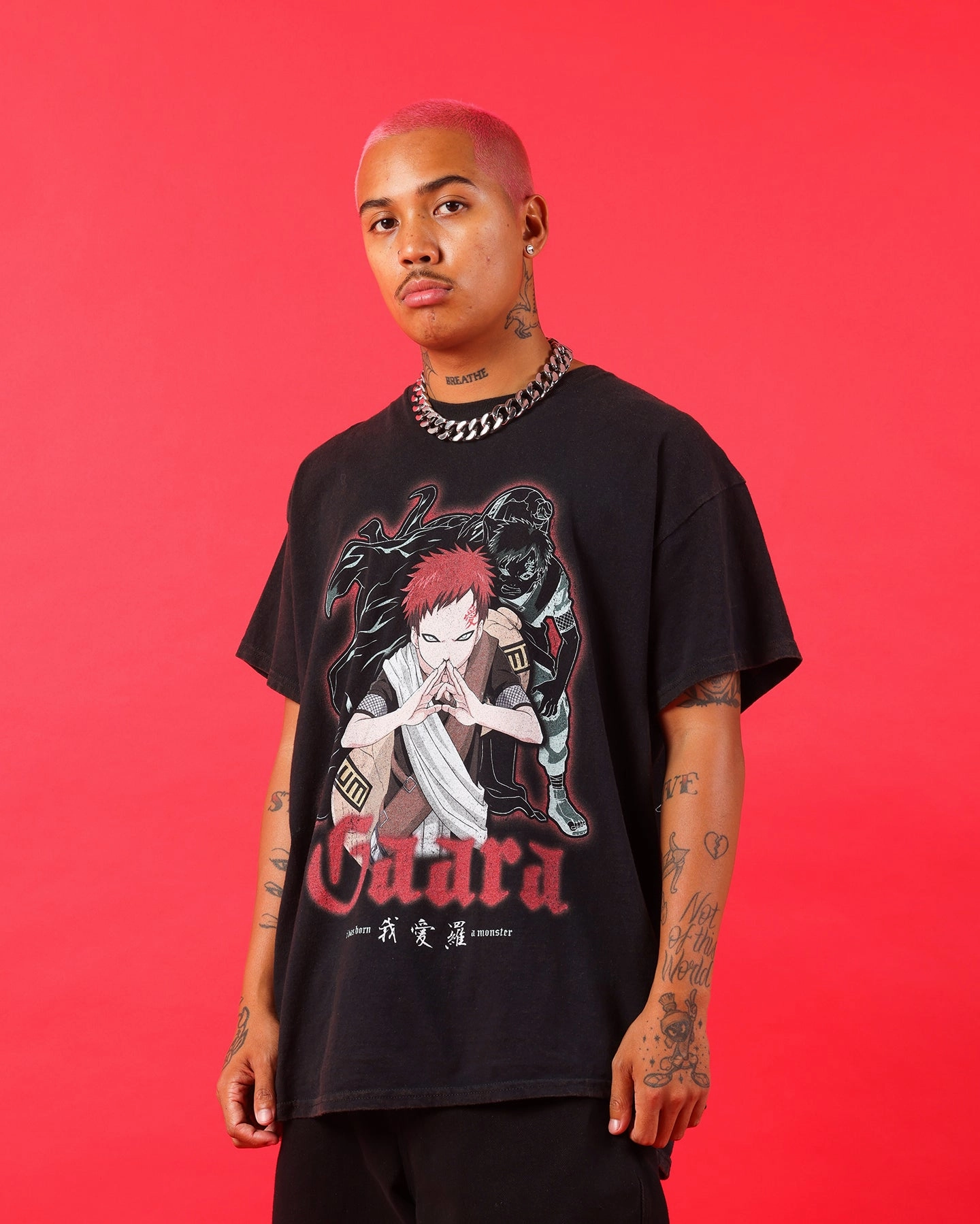 Basic Layering Outdoor Trend Goat Crew X Naruto Gaara Vintage T-Shirt Black Wash